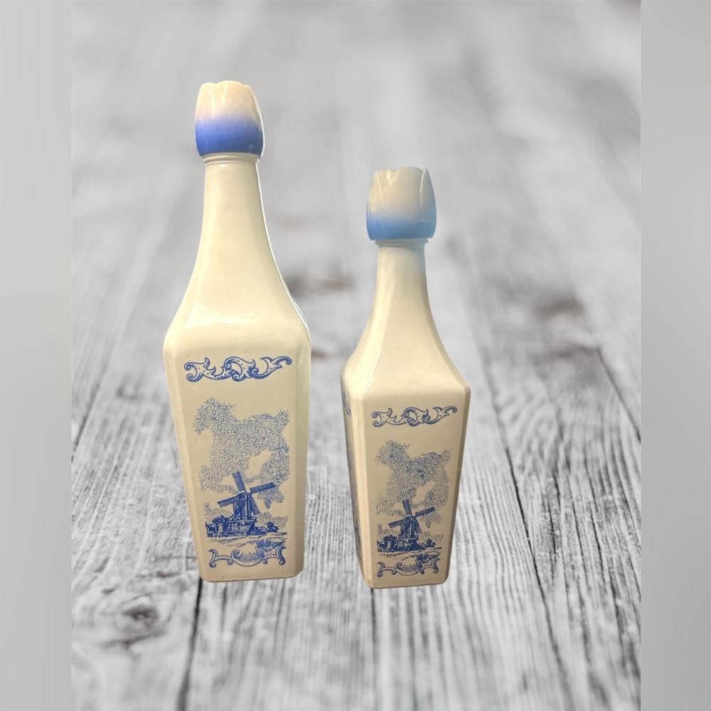 Vintage Vandermint White Glass Blue Windmill Liquor Bottles Decanters x2